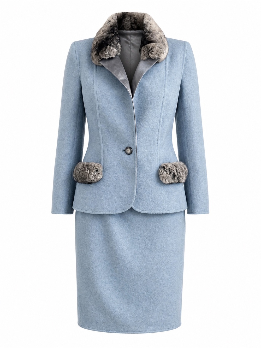 Vintage Valentino Haute Couture Blue Chinchilla Fur Trim Skirt Suit 1990s